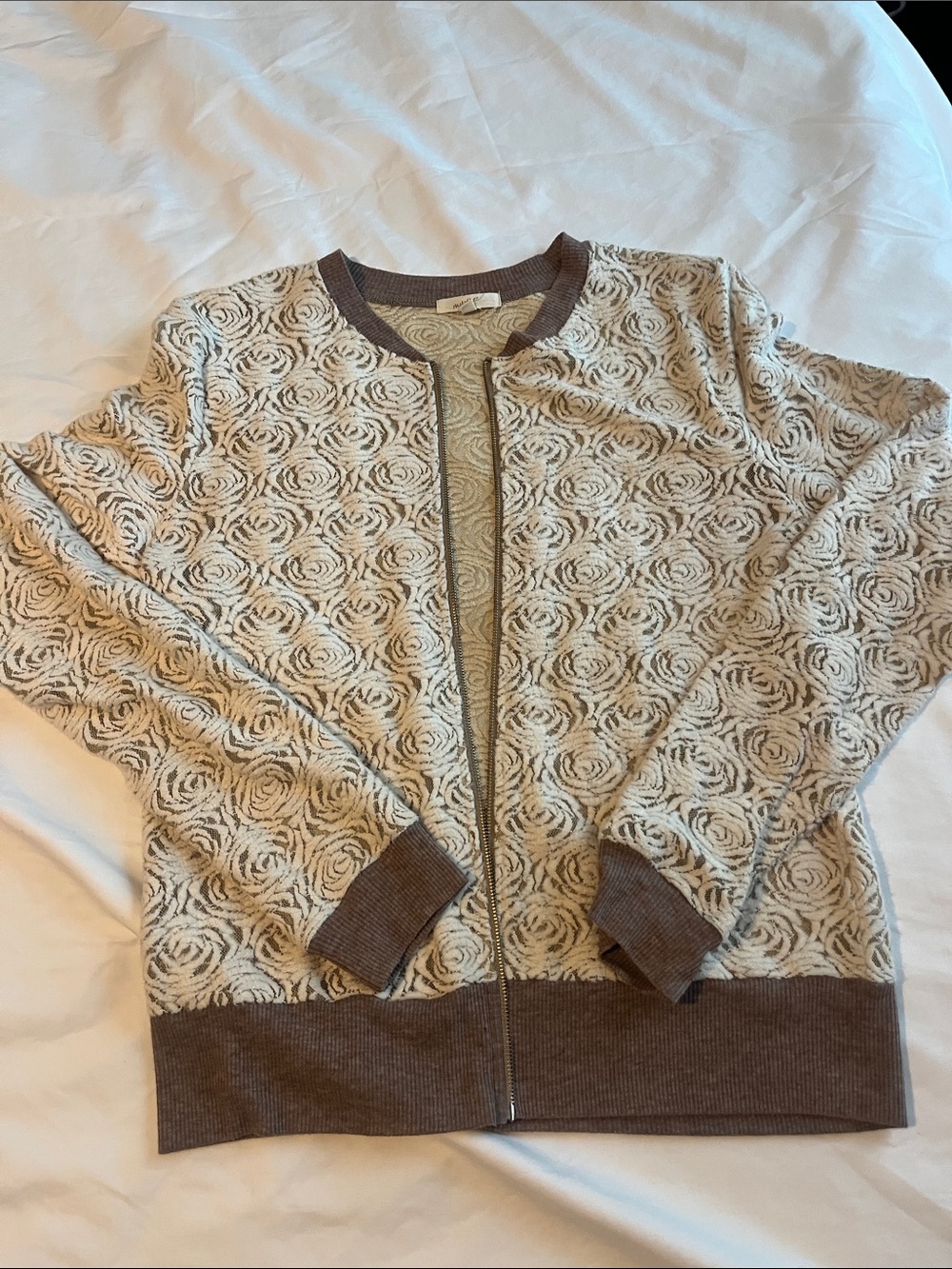 Mystree Cream & Brown Floral Jacquard Zip Sweater
